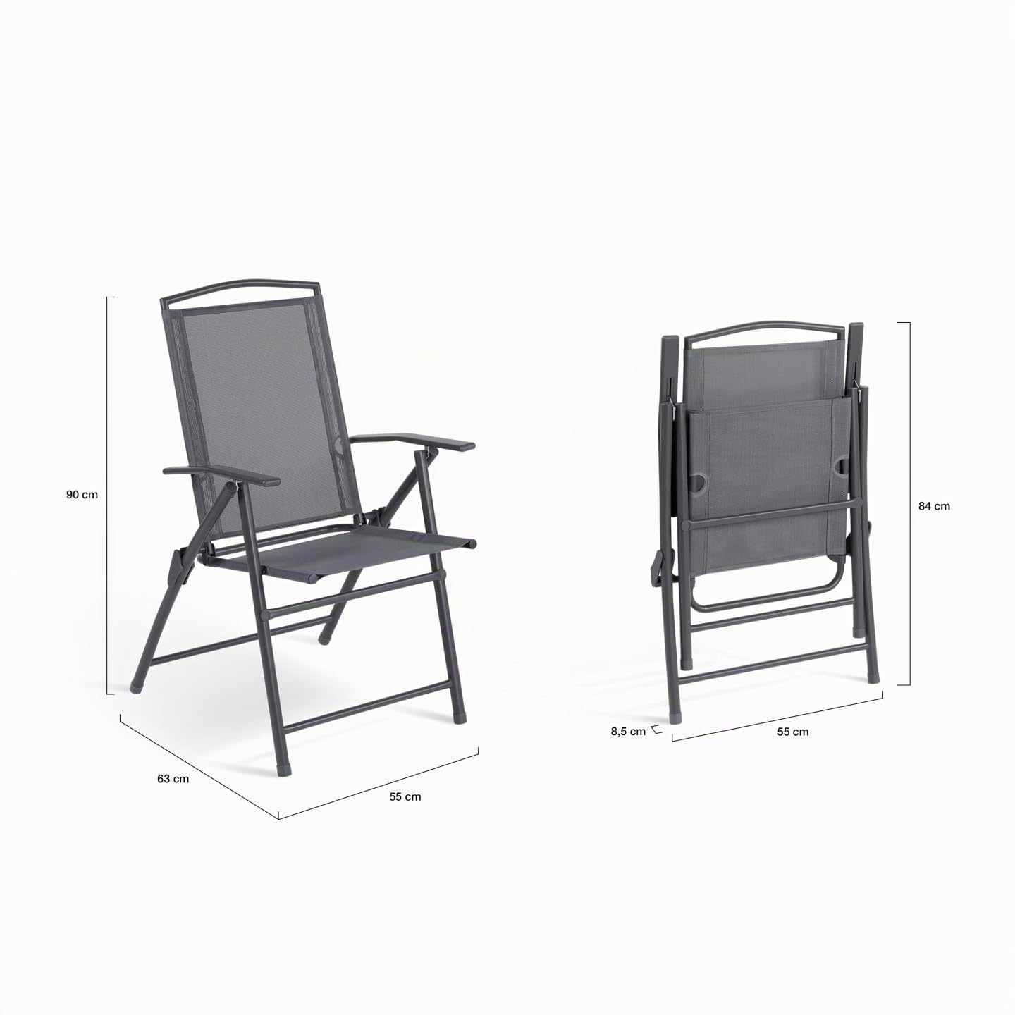 IDMarket - Pack de 4 sillas plegables de jardín con reposabrazos ALGHERO, metal y textileno, gris antracita