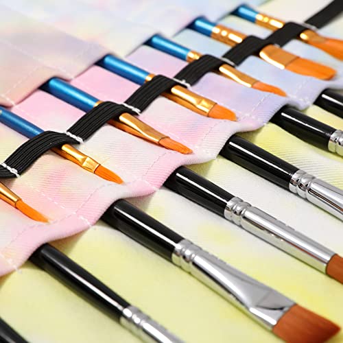 Image of Denifiter Colored Brush Roll with Canvas Strap - Pencil Case Tie Dye Print 22 Slots - Large Capacity Polyester Pen Organizer for Watercolor Pens or Markers