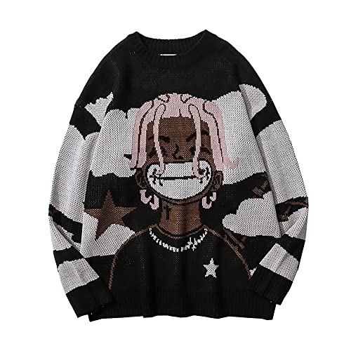 Men Oversized Knitted Sweater Pullover Black Japanese Anime Cartoon Print