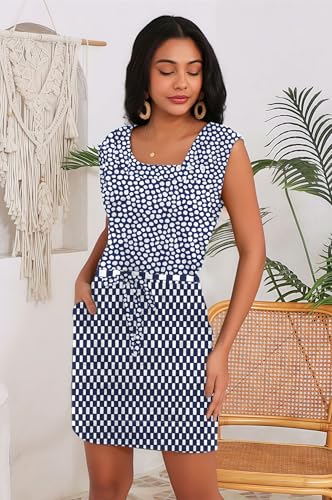 Image of SAUKOLE Womens Summer Dress Cap Sleeve Square Neck Short Dress with Pockets | Classic Square Neckline, Button Front, Adjustable Drawstring Waist, Flowy Mini Sundress for Women, 2026 Summer Outfits