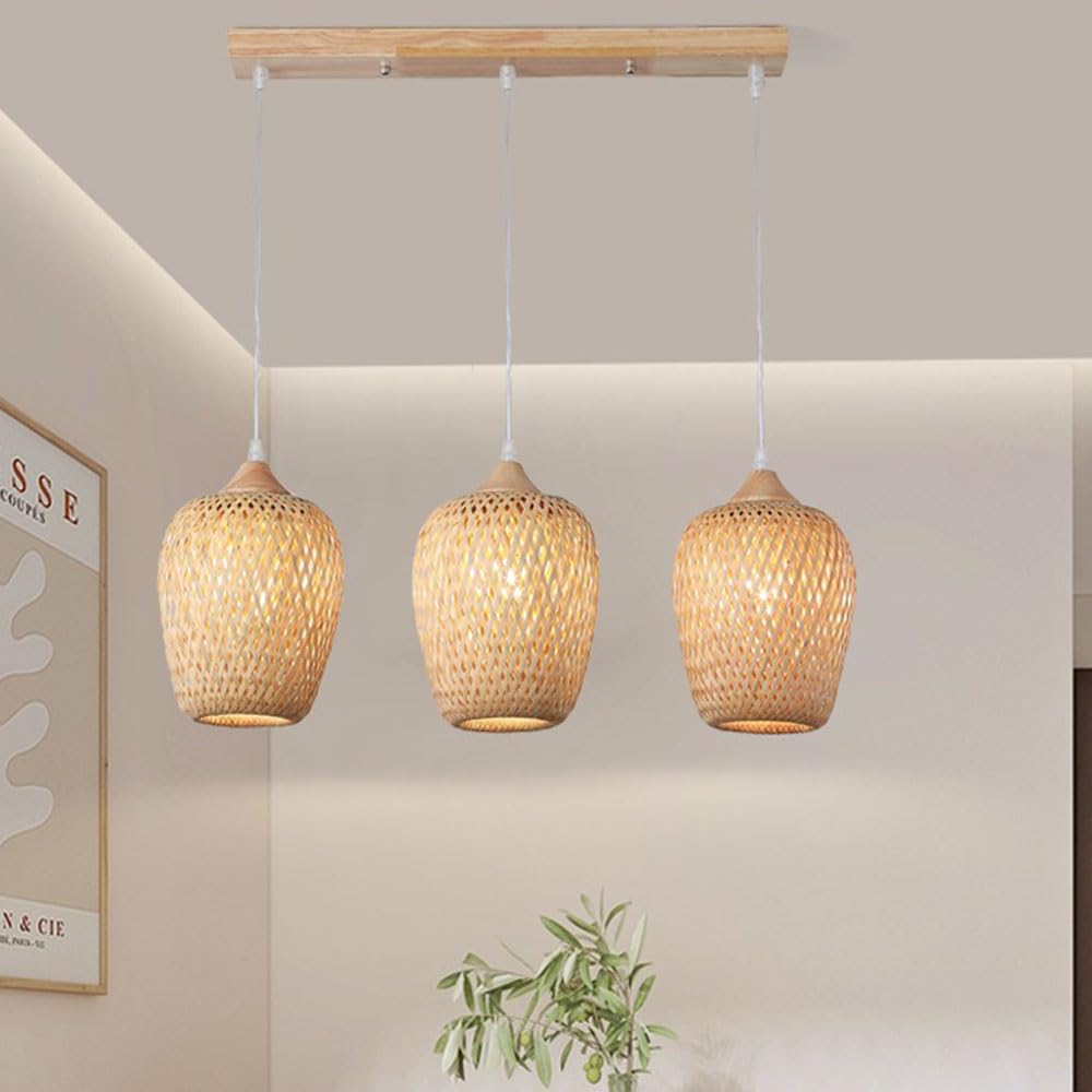 Lampada a Sospensione in bambù 3 luci Lampada da soffitto in Vimini Rustico con Paralume Lampadario Bohémien Intrecciato a Mano retrò Adatto per lampadario in bambù Camera da Letto Camera da Letto