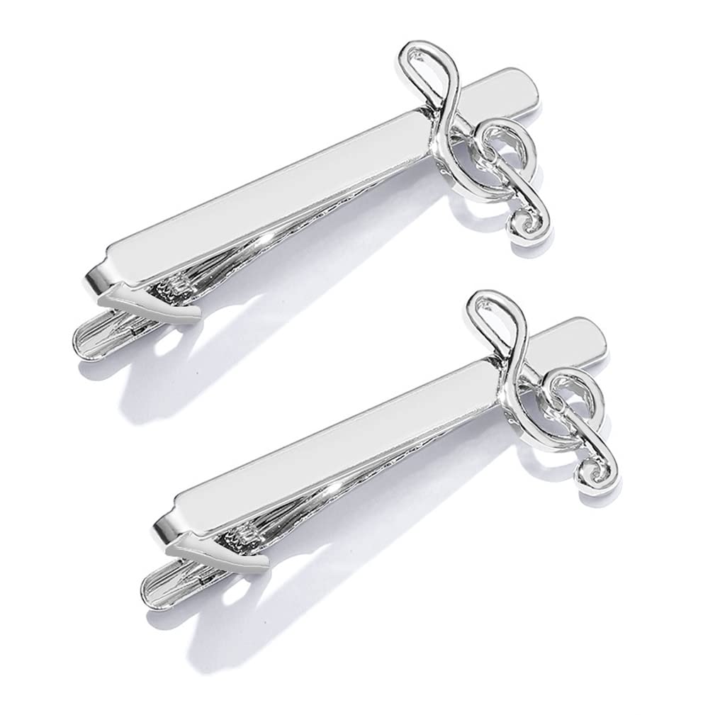 2 Pcs Classic Tie Bar Clips Tie Pins with Note Shaped 2.5 Inch Metal Pinch Clip for Men, Silver