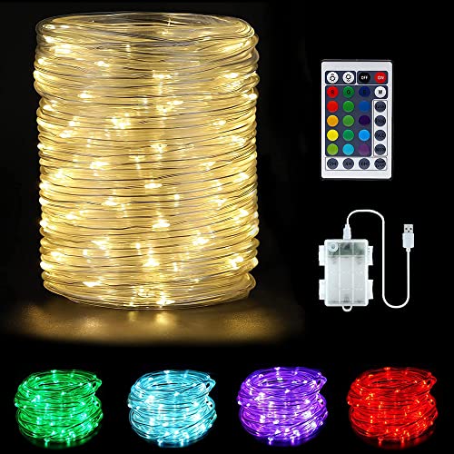 Manguera de Luces Exterior 10m 100 LED, Tubo de Luz LED bateria y USB, Impermeable, 16 Colores, 4 Modos, Cadena de Luces con Mando a Distancia para Arbol Navidad Fiestas Bodas Jardín Casa Cover