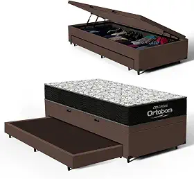 Bicama com Box Baú Solteiro com Colchão de Espuma D45 Ortobom Airtech 150 + Auxiliar Unique 88cm (Marrom)