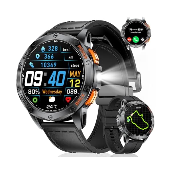 GPS Smart Watches for Men,1.43″AMOLED Fitness Tracker with LED Flashlight/Compass/530mAh Battery/Pedometer, Heart Rate/SpO2/Sleep Monitor 5ATM Outdoor Sports Smartwatch for Android iOS,100+Sport Modes
