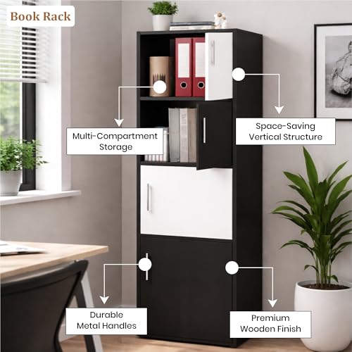 Image of Callas Wooden Book Rack | Multi-Compartment Storage Cabinet | Space-Saving Vertical Bookshelf with Doors | Durable & Sturdy Organizer for Home & Office (Black, 4 Tier)
