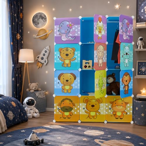 Image of Mevigo Foldable Plastic Wardrobe for Clothes - 12- Door Baby Cupboard for Clothes Storage, Wardrobe for Kids, Plastic Almirah, Collapsible Wardrobe for Kids Livingroom & Home (Blue- E3, 12- Door)