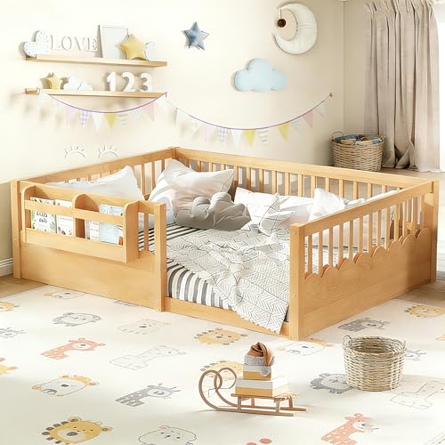Image of Bellemave Full Size Kids Montessori Floor Bed,Solid Wood Floor Bed Frame with Bookshelf and High Fence for Kids,Girls,Boys,Natural