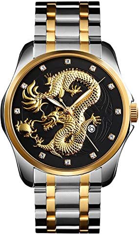 Men Boy Luxury Gold Chinese Dragon Carved Dial Diamond Quartz Watch Casual Waterproof Sport Stainless Steel Wristwatch