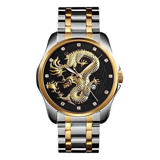 Gosasa Men Luxury Gold Chinese Dragon Carved Dial Diamond Quartz Watch Casual Waterproof Sport Stainless Steel Wristwatch (A Silver Black)