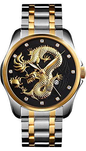 Men Luxury Gold Chinese Dragon Carved Dial Diamond Quartz Watch Casual Waterproof Sport Stainless Steel Wristwatch