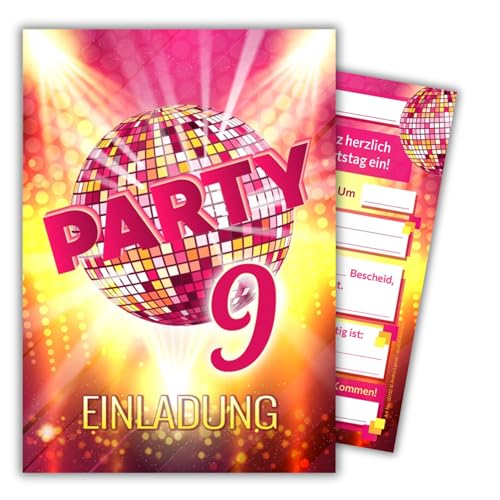 JuNa-Experten 12 Einladungskarten zum 9. Kindergeburtstag Mädchen Disco VIP coole Einladungen neunte Geburtstag Mädchengeburtstag