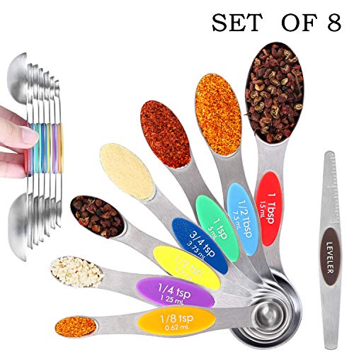 Karidge Magnetic Measuring Spoons Set, Colorful and Stackable Stainless Steel Teaspoon, Fits in Spice Jar,Set of 8 for Measuring Dry and Liquid Ingredients of Cooking Baking