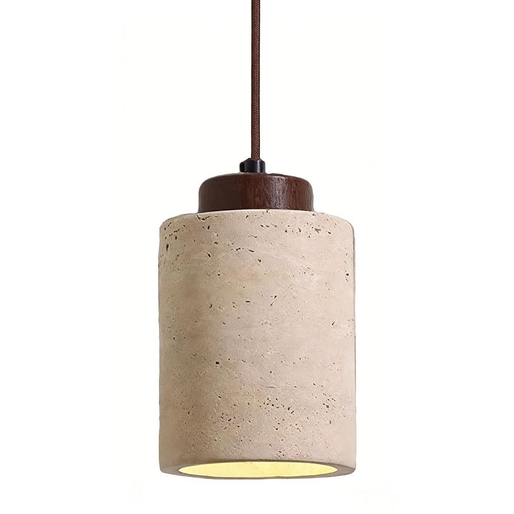 FEITENGDA Modern Cylinder Travertine Pendant Light Japanese Minimalist Stone Hanging Lamp Interior Bedside Walnut Wood Decor Chandelier for Kitchen Island Dining Room Office