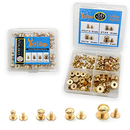 Yoliko 36 Pack 4 Sizes Gold Round Phillips Head Button Stud Screws(Round Head Diameter:4Mm,6Mm,8Mm,10Mm) Chicago Screws Nail Rivet Leather Button Brass Rivets For Diy Leather Craft #TOP22
