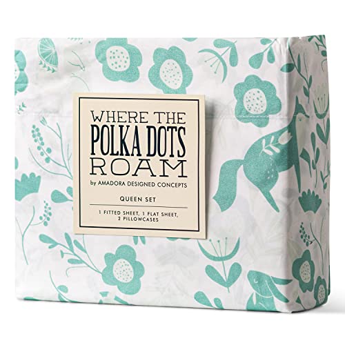Where The Polka Dots Roam Green Folktale Twin Size 3 Pieces Bedding Set, Super Soft Bedding, 1 Fitted Sheet, 1 Flat Sheet, 1 Pillowcase, Bedsheets For Kids, Boys, Girls, Seafoam Folk Tale Bedding #TOP18