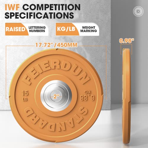 Image of FEIERDUN Color Bumper Plate Set, 2-Inch Olympic Weight Plates, Low Bounce Rubber Barbell Plates with Stainless Steel Insert for Weightlifting, Strength Training, CrossFit & Home Gym, 10LB-370LB