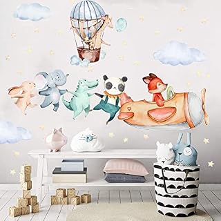 TOARTi Woodland Funny Animals Wall Stickers for Nursery Wall,Airplane Flying in The Sky Yellow Stars Wall Decals,Elephant Panda Giraffe Rabbit Crocodile Wall Art Stickers for Baby Kids Bedroom Decor