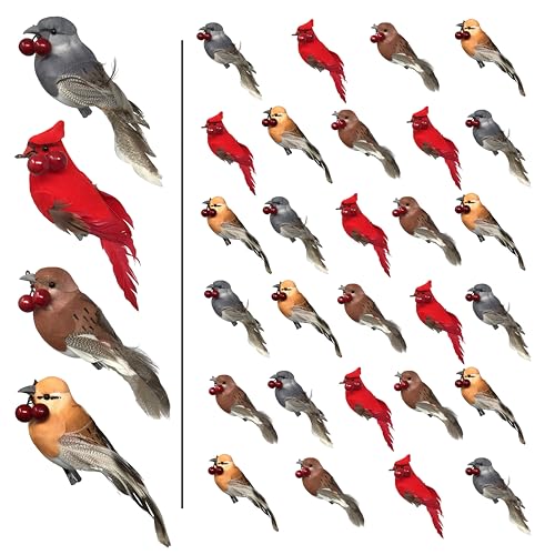 BANBERRY DESIGNS Feathered Song Bird Clip-On Ornaments - Set of 32 - Assorted Styles of Birds with Metal Clips - Cardinals, Orioles, Finches and Chickadees Carrying Red Berries - 4