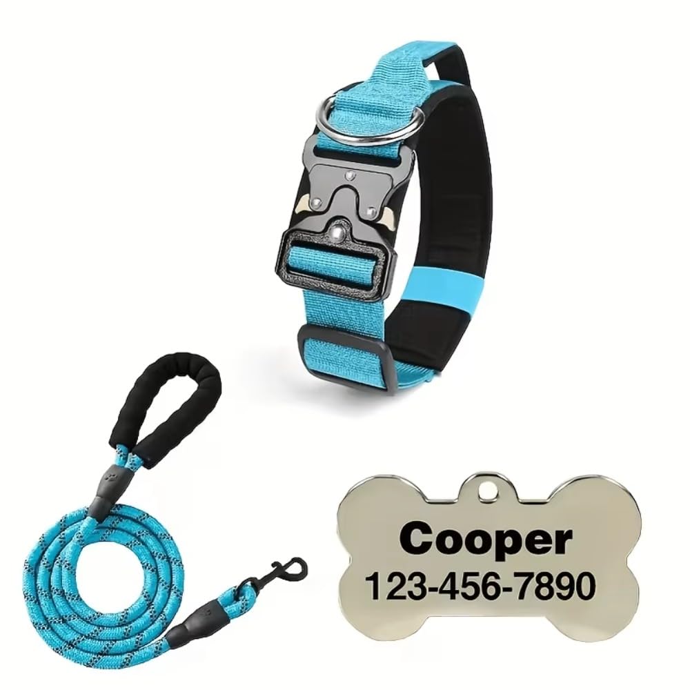 Personalised Tactical Dog Collar Leash Set with Custom Engraved ID Tag Heavy-Duty Nylon Adjustable Pet Collar with Metal Buckle (Blue,XL)