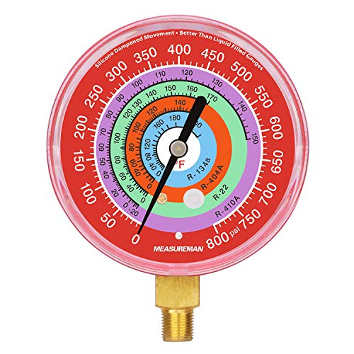 Measureman Refrigeration Pressure Gauge, 3-1/8" Dial, Red Dial, 1/8" NPT Lower Mount, 0-800psi