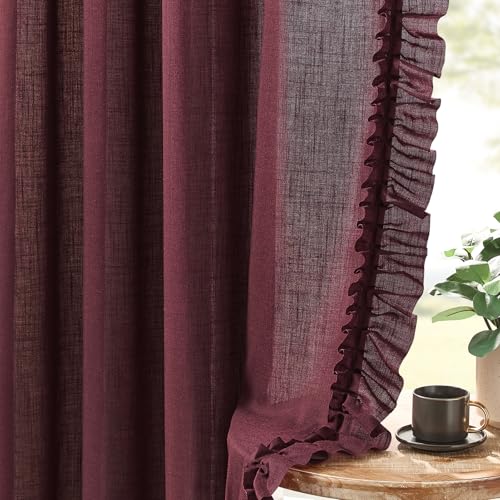 Burgundy Ruffle Curtains 84 Inches Long 2 Panels W47xL84 Inch Linen Textured Maroon Scalloped Curtains for Living Room Rod Pocket Privacy Light Filtering Semi-Sheer Farmhouse Linen Ruffled Curtain