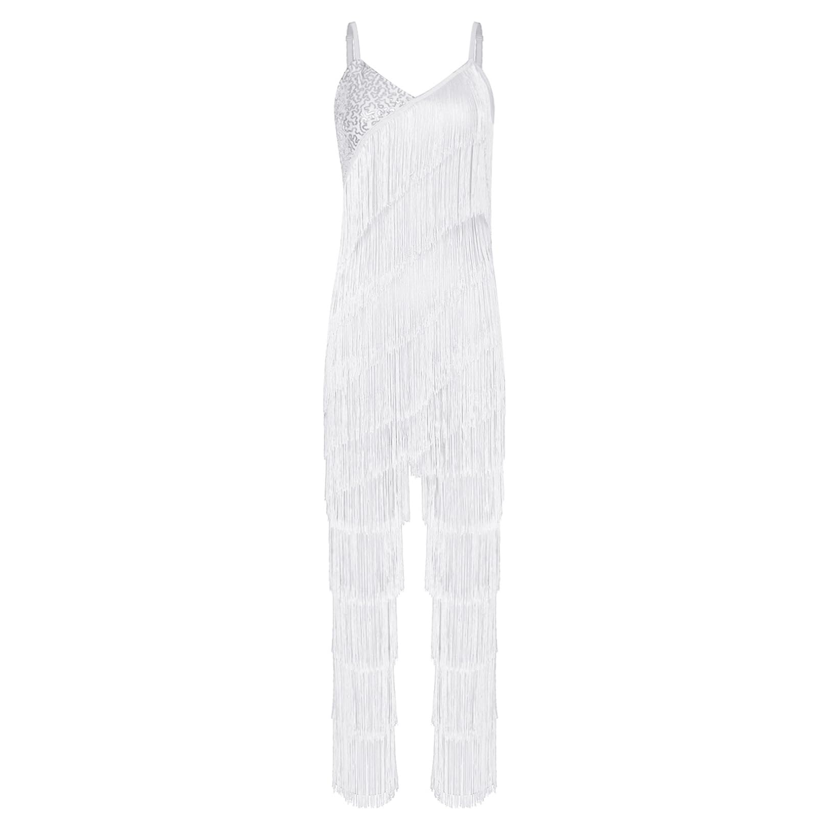 renvena Mono largo para mujer, con flecos, sin mangas, con purpurina, para bailar, competición, danza, outfi