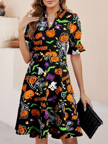 Image of Mokayee Womens Summer V Neck Ruffle Short Sleeve Fit and Flare Knee Length Church Wedding Guest Dresses with Pockets