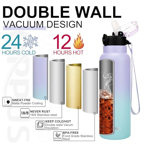 GOPPUS 750ml/26oz Stainless Water Bottle with Straw Double Wall Insulated Bottles with Strap Reusable Vacuum Thermal Flask Leakproof Keep Cold Drinks Bottles with Flip Top Lid for Men Women BPA Free - Image 2