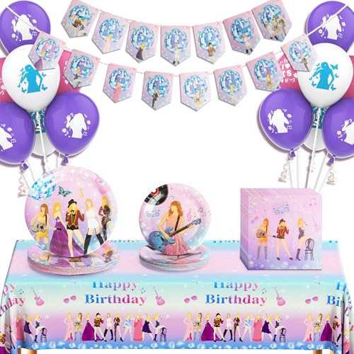Fnwsja 100pcs Birthday Party Decorations Plates,Music star Party Supplies Include 20x 9‘’ Plates, 20x 7‘’ Plates, 40x Napkins,18x balloon,1x Tablecloth, 1x backdrop, 1x Banner Serves 20 Guests