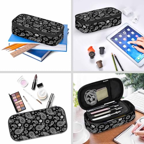 Image of Black Paisley Pencil Case Traditional Ethnic Flower Dots Pattern Pencil Bag Pen Markers Pouch Holder Organizer for Boy Girl School Students