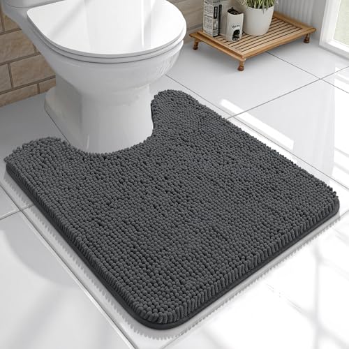 Image of OLANLY Toilet Rugs U-Shaped 20x20, Extra Soft Absorbent Chenille Contour Bathroom Rugs for Toilet, Dry Quickly, Machine Washable, Non-Slip Bath Mat, Dark Grey