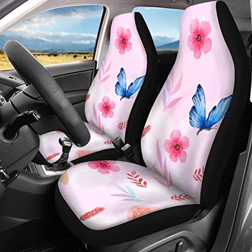 Image of Flower Butterfly Design Pink Seat Covers for Cars Full Set Elastic Durable Non Slip Two Front Seat Cover Rear Bench Universal Car Seat Protector Fit Trucks SUV Comfort Soft Automotive Seat Cover