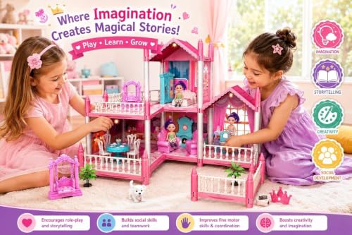 Image of Luxury Multi-Level Doll House Playset for Kids with Furniture & Accessories | DIY Pretend Role Play Villa House Toy Set for Girls & Boys Age 6+ Years (4ROOM Doll House)