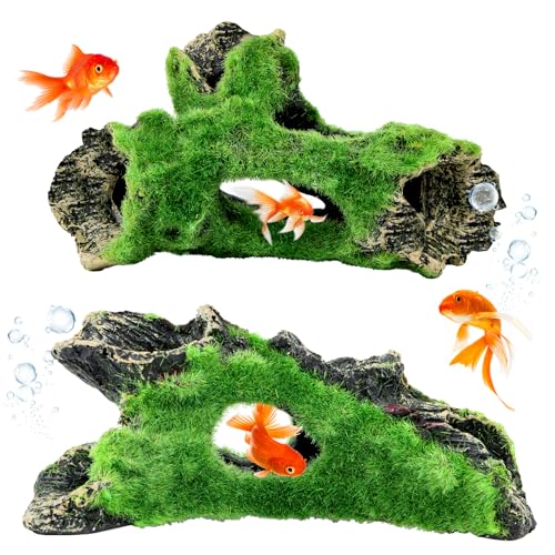 Encuryna 2 Stück Aquarium Dekoration, Simulation Moos Deko Harz Aquarium Höhle Deko Fisch Tank Ornament, Harz Dekoration Baumstamm Aquarienzubehör für Fische Garnelen Verstecken
