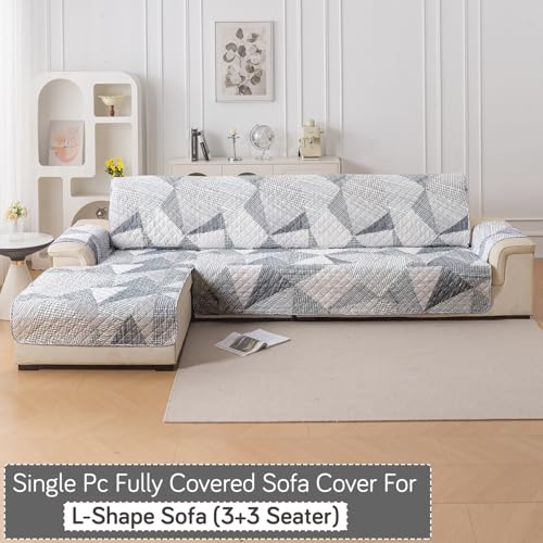Image of HOKIPO 'Elira Series' Printed Quilted One-Piece L Shape 6 Seater (3+3) Sofa Cover Mat with Left Chaise | Anti-Slip Backing & SecureFit Belt, Snow White Black Geometry (AR-5375-C9)