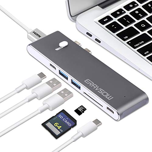 ERAVSOW 7 in 1 USB C Hub, Dual Type C Adapter Dock with 4K HDMI,Thunderbolt3,2 USB3.0,SD/Micro Card Reader for 2016/2017/2018 MacBook Pro 13"15" HP,DELL and More