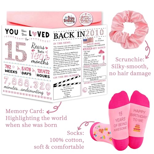 Gifts for 15 Year Old Girls– Birthday Gift Set for 15 Year Old Girl, Includes Cup, Necklace, Socks, Cosmetic Bag, Card – Cute 15 Year Old Girl Gifts2