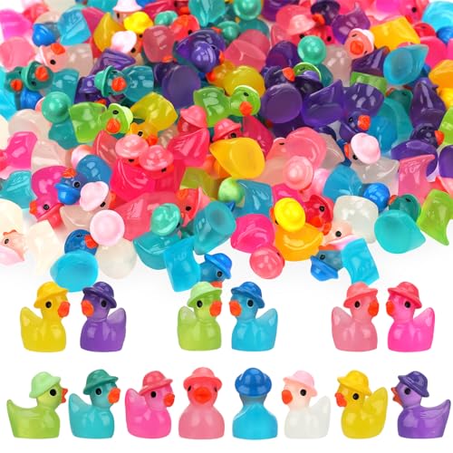 GGSTDDUP 80 Pack Luminous Mini Resin Ducks, Mini Ducks Tiny Duck Miniature Duck Figures Wearing Hat, Glow in The Dark DIY Crafts Cake Decor for Micro Landscape Dollhouse Garden (8 Colors)