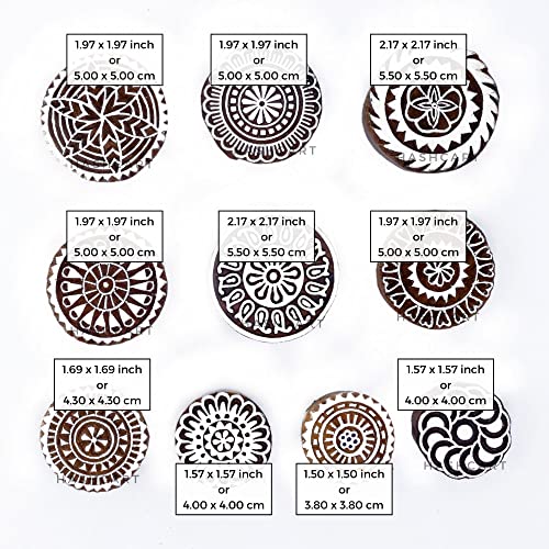 Image of Set of 10 | Handcarved Wooden Round Floral Design Stamps for Blocks Printing, Wooden Stamps for Project Designing, Scrapbooking Clay Pottery Craft Tattoo