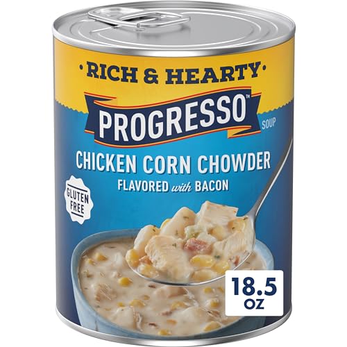 Image of Progresso Rich & Hearty Chicken Corn Chowder Canned Soup, 18.5 oz | Corn, Chicken, Potatoes, Celery & Onion in Creamy Broth, 190 Calories per 1-Cup Serving, No Artificial Flavors