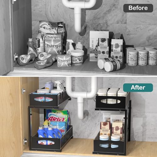 Housolution 1 Pack Under Sink Storage, Height Adjustable Pull Out Under Sink Organiser with Sliding Mesh Drawers - Image 2