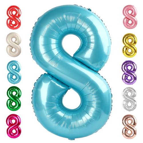 Image of 8 Balloon Numbers Birthday Decorations, 40In Pearl Blue Balloons for Party | Eye-catching Appearance, Perfect Decorative Centerpieces, Convenient Self-sealing Structure, Widely for Various Occasions