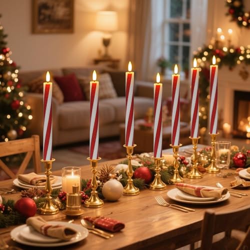 Image of Christmas Flameless Taper Candles Flickering Battery Operated with Remote Timer, 2 Pack Real Wax 3D Wick LED Taper Candles Candy Cane Decals Holiday Indoor Dinner Decor(0.76 inch D x 9.65 inch H)