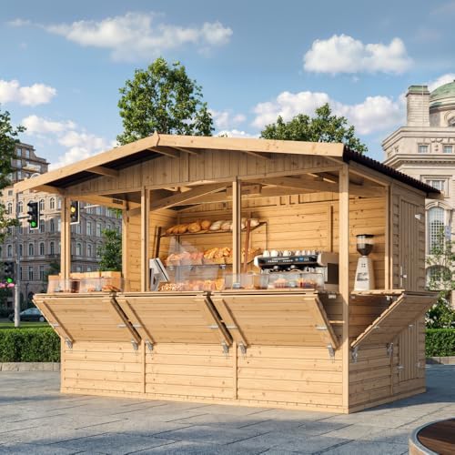 TIMBELA M150B Holz Gartenhaus, Marktbude Holz, Qualitäts Schiffslatten Kiefern Fichte Verkaufsstand Holzhaus mit Theke, FÜNF Fenster, 200x300/6 m2, große multifunktionale Garten-Bar Verkaufshütte