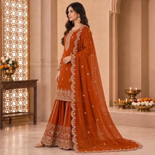 Image of Women's Ethnic Plazzo Suit Set with Kurta & Dupatta | Fendy Fabric Embroidered Kurta Set | Round Neck 3 /4 Sleeve Dress | Elegant Outfit
