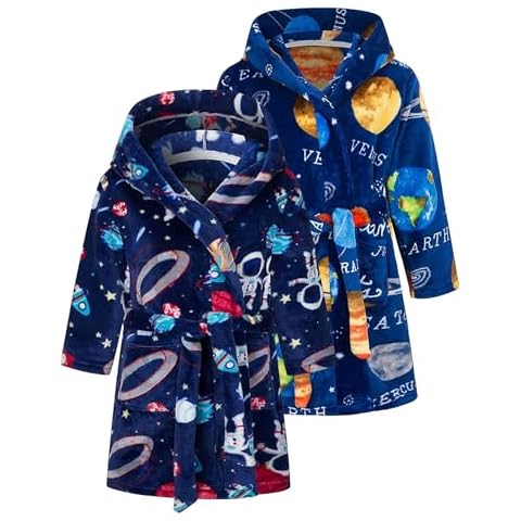 LANKMEI 2 Piece Boys Robe Cute Cartoon Pattern Hooded Fleece Bathrobe Comfy Plush Flannel Long Robes Toddler Winter Robe Sleepwear with Belt, Astronaut/Planet, 6-7 Years Cover