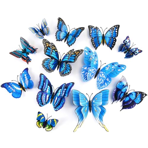 SAOROPEB 3D Butterfly Wall Decor 24 Pcs Double Layer Butterfly Decorations for Party Decorations Locker Decor Refrigerator Decal Reusable (Blue)