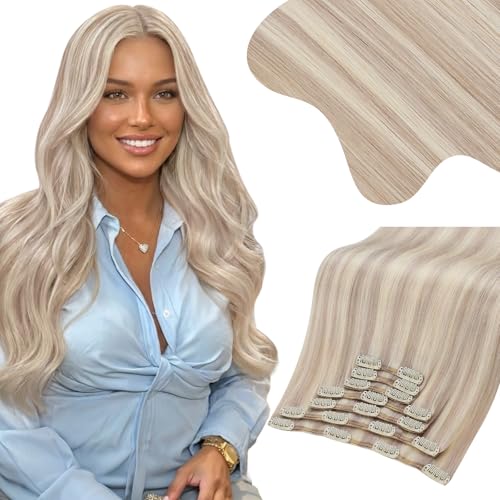 Image of Moresoo Clip in Hair Extensions Blonde Highlighted, 24 Inch Thick Volume | Remy human hair clip in extensions, highlights ash and bleach blonde, 150g 7pcs, double weft for added length