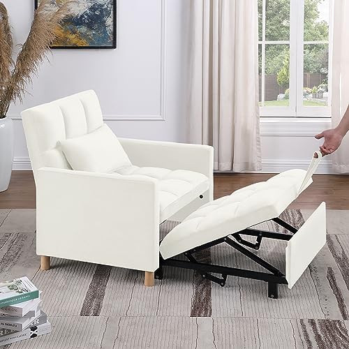 JINS&VICO Convertible Sleeper Sofa Chair Bed with Pillow, Teddy Upholstered Living Room Chairs with Steel Frame Support, Multi-Functional Accent Recliner Chair with 3 Reclining Angles, Beige - Thumbnail 3